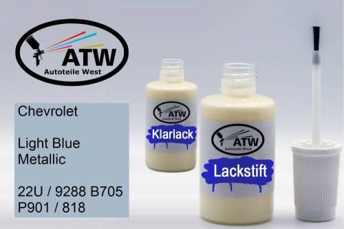 Chevrolet, Light Blue Metallic, 22U / 9288 B705 P901 / 818: 20ml Lackstift + 20ml Klarlack - Set, von ATW Autoteile West.